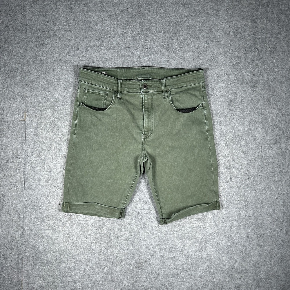 G-Star RAW 3301 Denim Shorts Mens 34(32x8.5) Olive Green Slim Fit Jean Cuffed